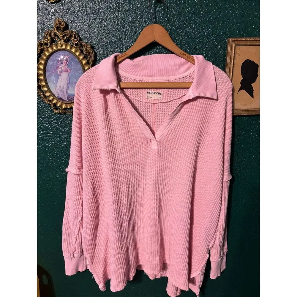 FREE PEOPLE we the free Pink Waffle Weave Collared Travis Polo Medium Sweatshirt